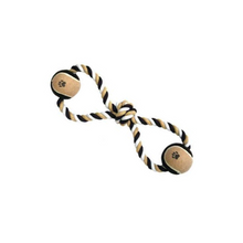 Load image into Gallery viewer, Angled view of Dental Kotton Bone Rope Toy with Two Tennis Balls. Cotton fiber rope made of two loops with tennis balls (tan and black) at the end of each loop and a knot in the middle. Rope is black, tan and white. Displayed on a white background.