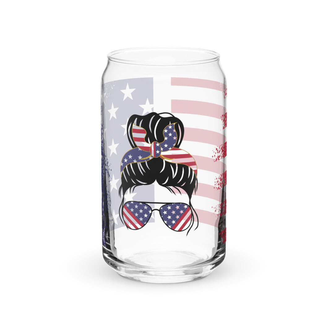 Patriotic Messy Bun and Flag Can-shaped glass