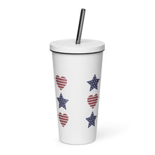 Load image into Gallery viewer, Patriotic Stars and Hearts Insulated tumbler with a straw
