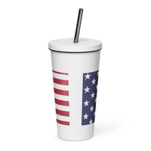 Load image into Gallery viewer, Patriotic Messy Bun and Flag Insulated tumbler with a straw
