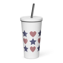 Load image into Gallery viewer, Patriotic Stars and Hearts Insulated tumbler with a straw
