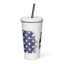 Load image into Gallery viewer, Patriotic Messy Bun and Flag Insulated tumbler with a straw
