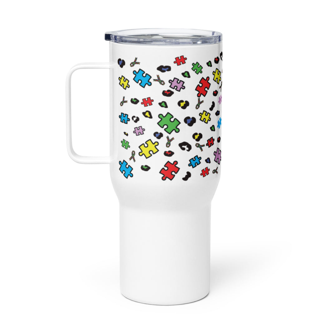 Autism Puzzle Pieces and Ribbons Travel mug with a handle