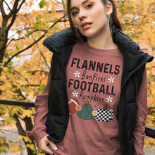 Load image into Gallery viewer, Flannels Bonfires Football Pumpkins Unisex Long Sleeve Tee
