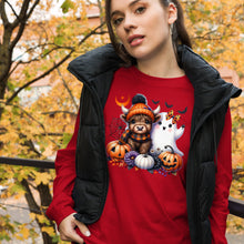 Load image into Gallery viewer, Cute and Spooky Highland Cow Unisex Long Sleeve Tee
