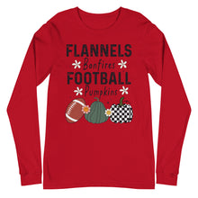 Load image into Gallery viewer, Flannels Bonfires Football Pumpkins Unisex Long Sleeve Tee
