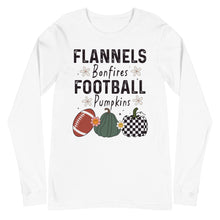 Load image into Gallery viewer, Flannels Bonfires Football Pumpkins Unisex Long Sleeve Tee
