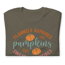 Load image into Gallery viewer, Flannels, Hayrides, Pumpkins Unisex t-shirt
