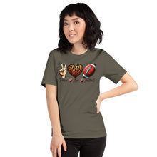 Load image into Gallery viewer, Peace Love Football (leopard heart) Unisex t-shirt
