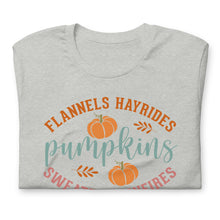 Load image into Gallery viewer, Flannels, Hayrides, Pumpkins Unisex t-shirt
