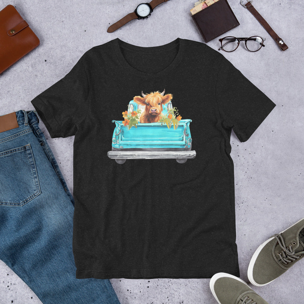 Baby Highland Cow in a Blue Truck Unisex t-shirt