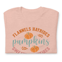 Load image into Gallery viewer, Flannels, Hayrides, Pumpkins Unisex t-shirt
