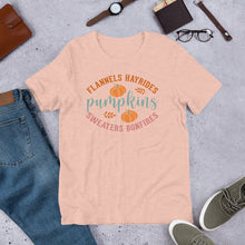 Load image into Gallery viewer, Flannels, Hayrides, Pumpkins Unisex t-shirt
