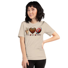 Load image into Gallery viewer, Peace Love Football (leopard heart) Unisex t-shirt
