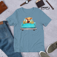 Load image into Gallery viewer, Baby Highland Cow in a Blue Truck Unisex t-shirt
