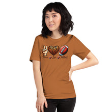 Load image into Gallery viewer, Peace Love Football (leopard heart) Unisex t-shirt

