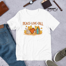 Load image into Gallery viewer, Peace Love Fall Orange Heart Unisex t-shirt
