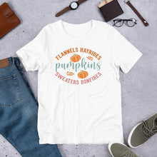 Load image into Gallery viewer, Flannels, Hayrides, Pumpkins Unisex t-shirt
