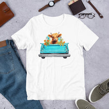 Load image into Gallery viewer, Baby Highland Cow in a Blue Truck Unisex t-shirt
