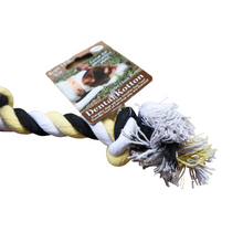 Load image into Gallery viewer, Closeup side view of Picture of Dental Kotton 2 Knot Rope Toy.  Black, White and tan cotton fiber rope with knots at either end on a card tag.  Displayed on a white background. 
