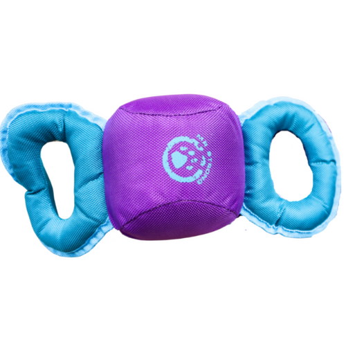 Chompter Chew and Tug Toy for dogs.  Stuffed toy with purple stuffed round center and blue handles on either side.  On white background. 