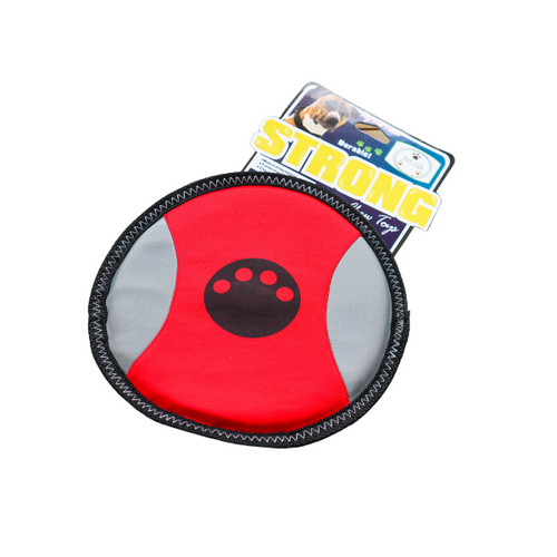Red, black and gray neoprene soft frisbee toy with Strong tag.  On white background. 