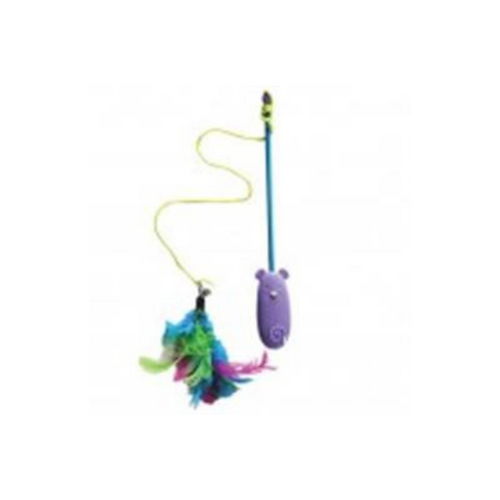 Picture of Cat Spot Laser Feather Wand Toy.  Include a want with a cute cat shaped laser at the end and a feather toy attached to a long cord to keep your kitty entertained. On white background. 