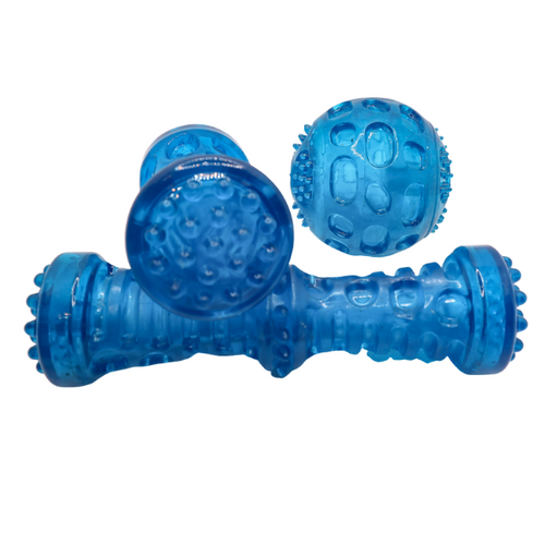 Picture of Clear Blue Squeaker Ball and Bones Dog Toys.  Toys are made from clear blue thermoplastic rubber.  Picture shows two bones (one laying lengthwise and the round end of the other) along with the ball.  Displayed on white background. 