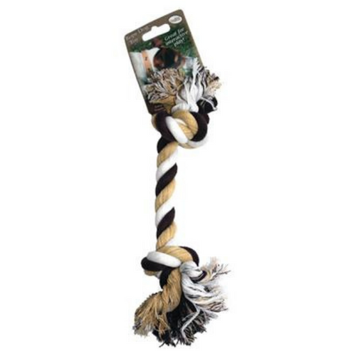 Picture of Dental Kotton 2 Knot Rope Toy.  Black, White and tan cotton fiber rope with knots at either end on a card tag.  Displayed on a white background. 