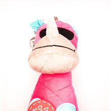 Load image into Gallery viewer, Close up front picture of Bottle Bro Rhino toy in bright pink with blue ears/hands/feet and gray nose. On white background.
