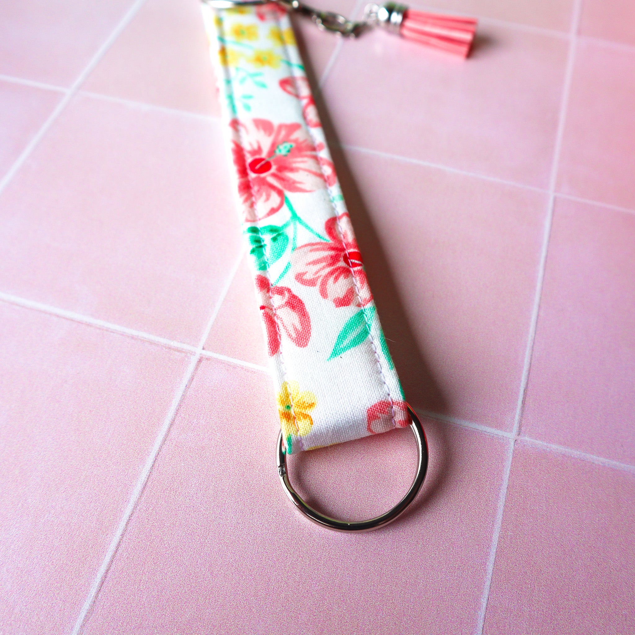 Upcycled Charm Wristlet Keychain ID Holder – Cotton Blossom Charm