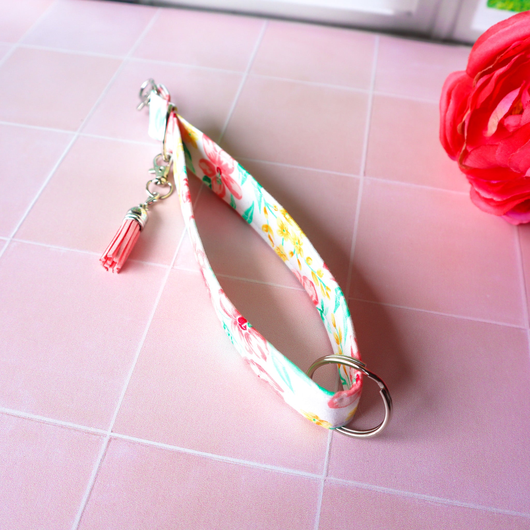 Upcycled Charm Wristlet Keychain ID Holder – Cotton Blossom Charm