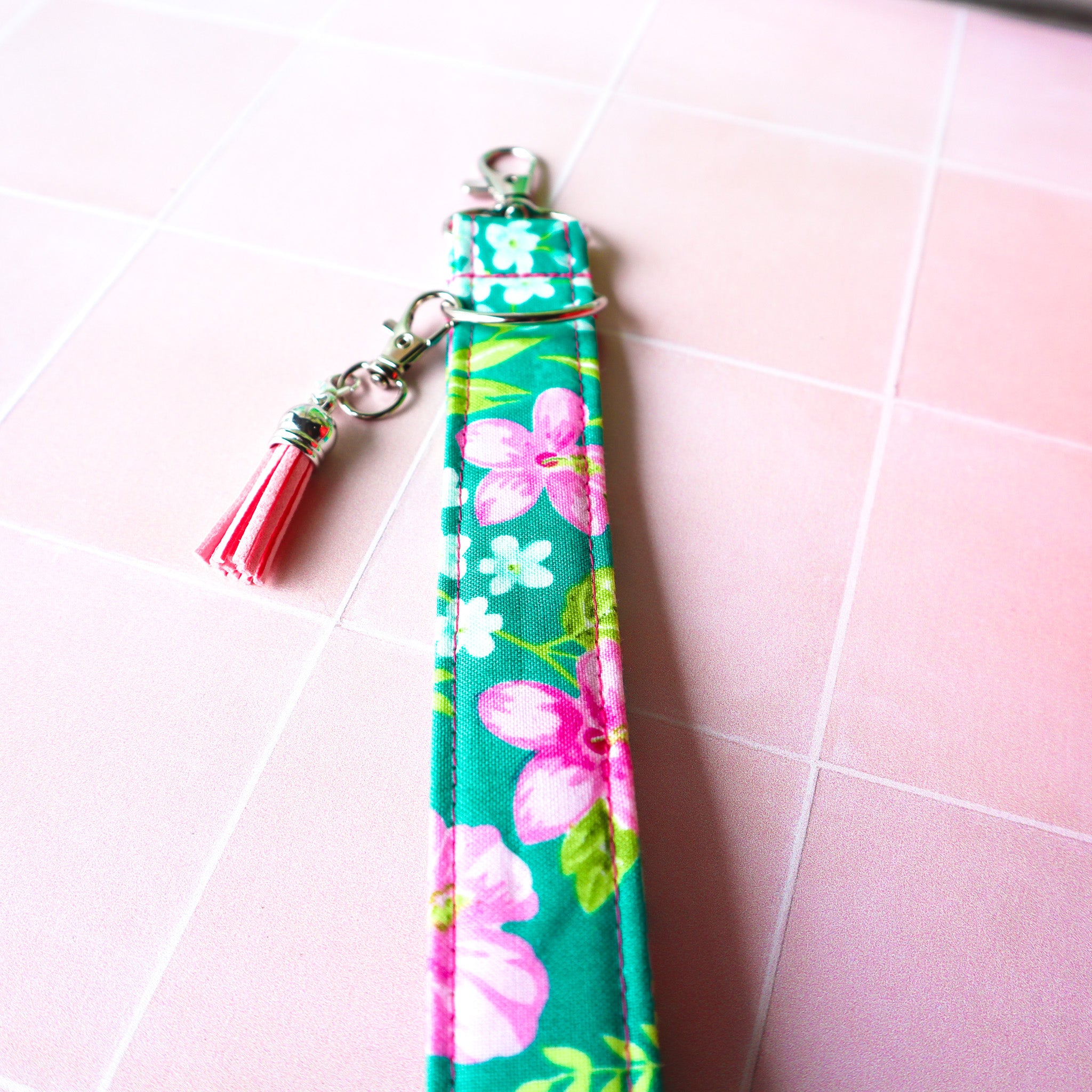 Upcycled Charm Wristlet Keychain ID Holder – Cotton Blossom Charm