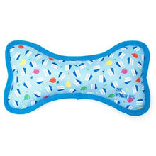 Load image into Gallery viewer, Blue fabric stuffed dog chew bone with fun birthday images on fabric. 
