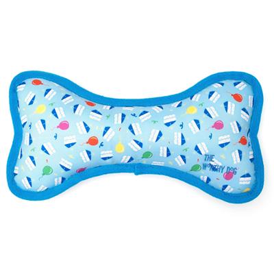 Blue fabric stuffed dog chew bone with fun birthday images on fabric. 