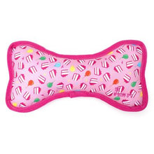 Load image into Gallery viewer, Pink fabric stuffed dog chew bone with fun birthday images on fabric. 
