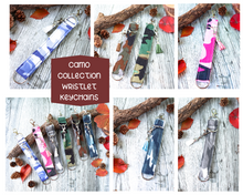 Load image into Gallery viewer, Picture with six panes with pictures of the Charmables Camo options.  Periwinkle, green and brown , pink, all six patterns together, blue and gray. 
