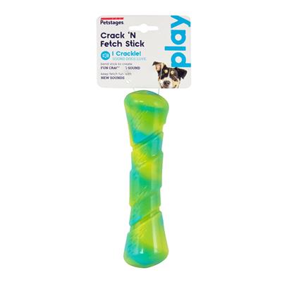 Picture of Crack N' Fetch Stick dog chew and fetch toy.  Yellow, blue and green bone shaped toy attached to card tag which say 