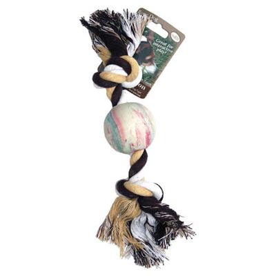 Picture of Dental Kotton 2 Knot Rope with Rubber Ball.  Rope shows cotton fibers in black, white and tan with a knot at either end of the rope and a hard multii-colored ball in the middle. Displayed on white background. 