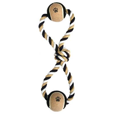 Picture of Dental Kotton Bone Rope Toy with Two Tennis Balls.  Cotton fiber rope made of two loops with tennis balls (tan and black) at the end of each loop and a knot in the middle.  Rope is black, tan and white.  Displayed on a white background. 