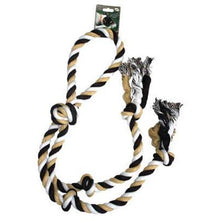 Load image into Gallery viewer, Picture of five knot dangler Dental Kotton Multi-Knot Tug Rope.  Rope has five knots on two dangling lengths with a rope handle.  Rope is black, tan, and white.  Displayed on a white background.
