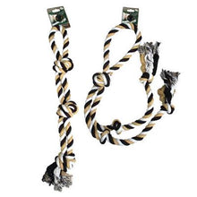 Load image into Gallery viewer, Picture of two Dental Kotton Multi-Knot Tug Ropes.  One rope (on left) has three knots and a hand loop.  The seond rope (on right) has five knots on two dangling lengths with a rope handle.  Both ropes are black, tan, and white.  Displayed on a white background. 
