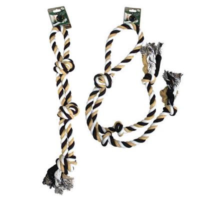 Picture of two Dental Kotton Multi-Knot Tug Ropes.  One rope (on left) has three knots and a hand loop.  The seond rope (on right) has five knots on two dangling lengths with a rope handle.  Both ropes are black, tan, and white.  Displayed on a white background. 
